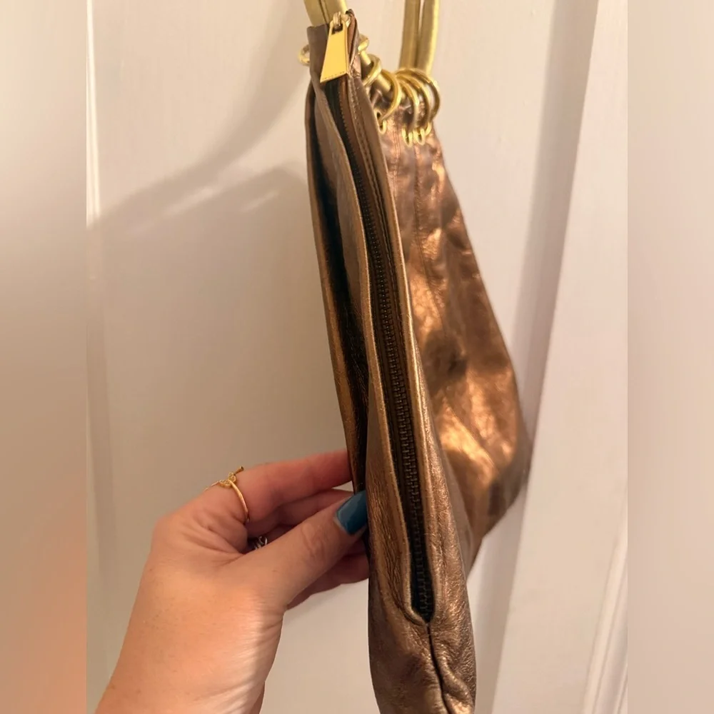 Trina Turk Metallic Leather Pleated Hobo Shoulder Bag with Gold Accents